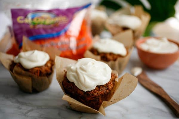 Morning Glory Muffins with Greek Yogurt Cream Cheese Frosting