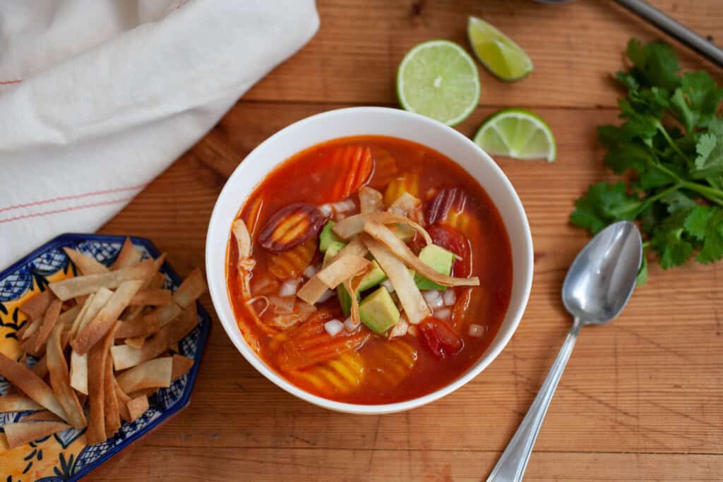 Chicken Tortilla Soup with Rainbow Carrot Chips