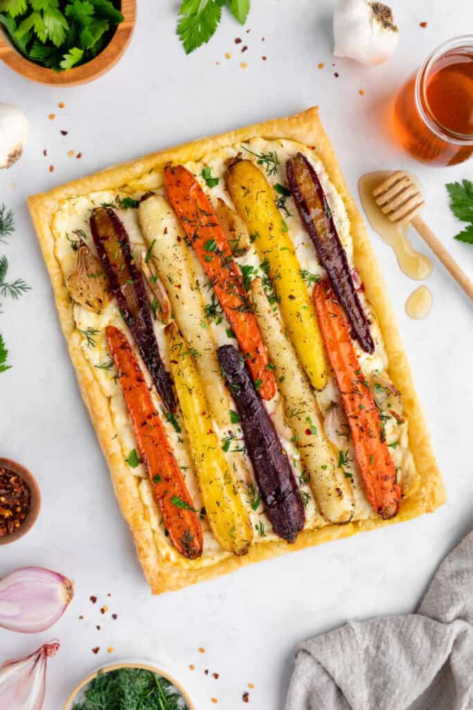 Rainbow Carrot Tart with Goat Cheese & Hot Honey